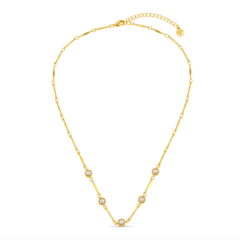 Bar Link & Stationed Pearl Necklace Gold Plated