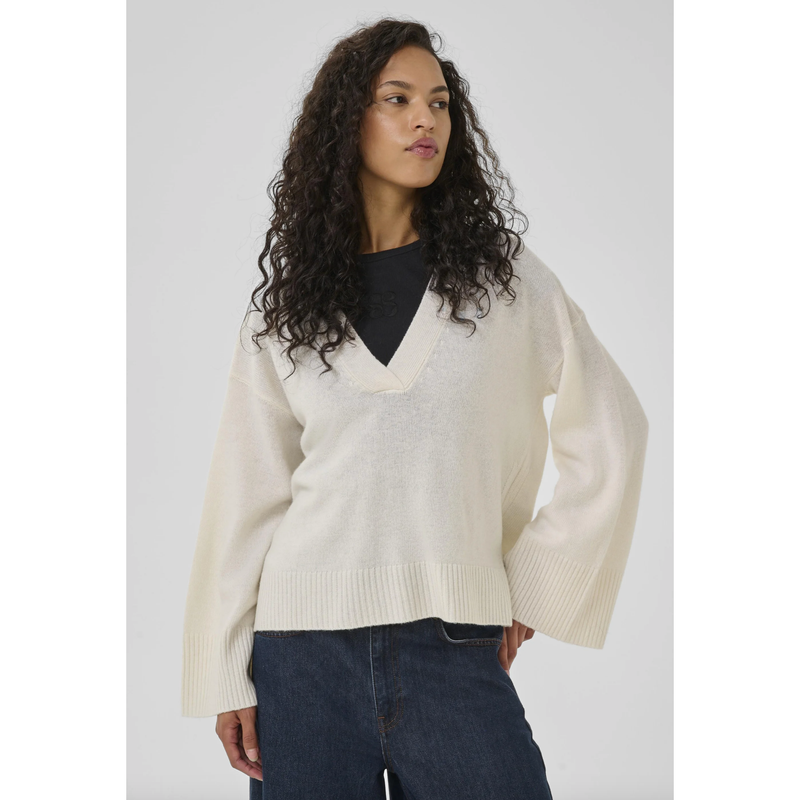 HuxiMW V-Neck Wool Cashmere Pullover Cream