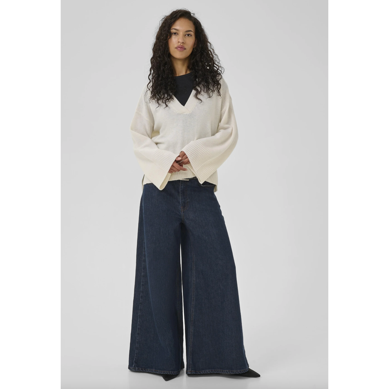 HuxiMW V-Neck Wool Cashmere Pullover Cream