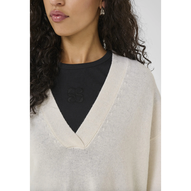 HuxiMW V-Neck Wool Cashmere Pullover Cream