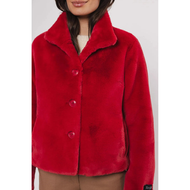 Vie Single Breasted Faux Fur Jacket Red Berry