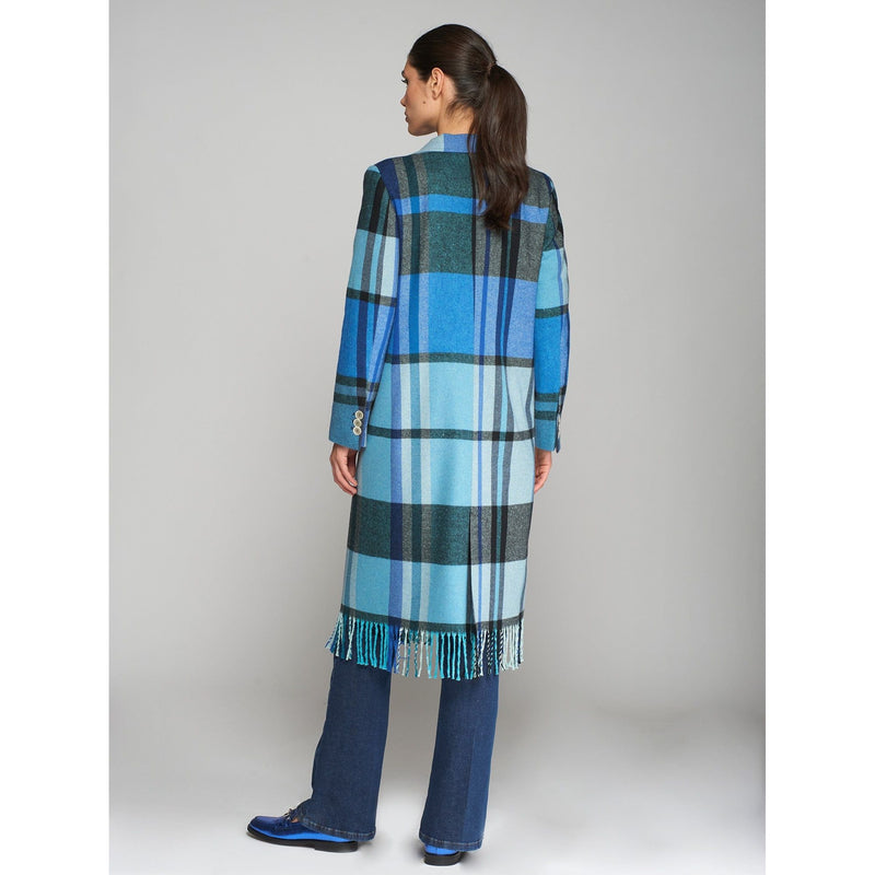 Katherin Checked Fringed Detail Wool Mix Coat Blue Check