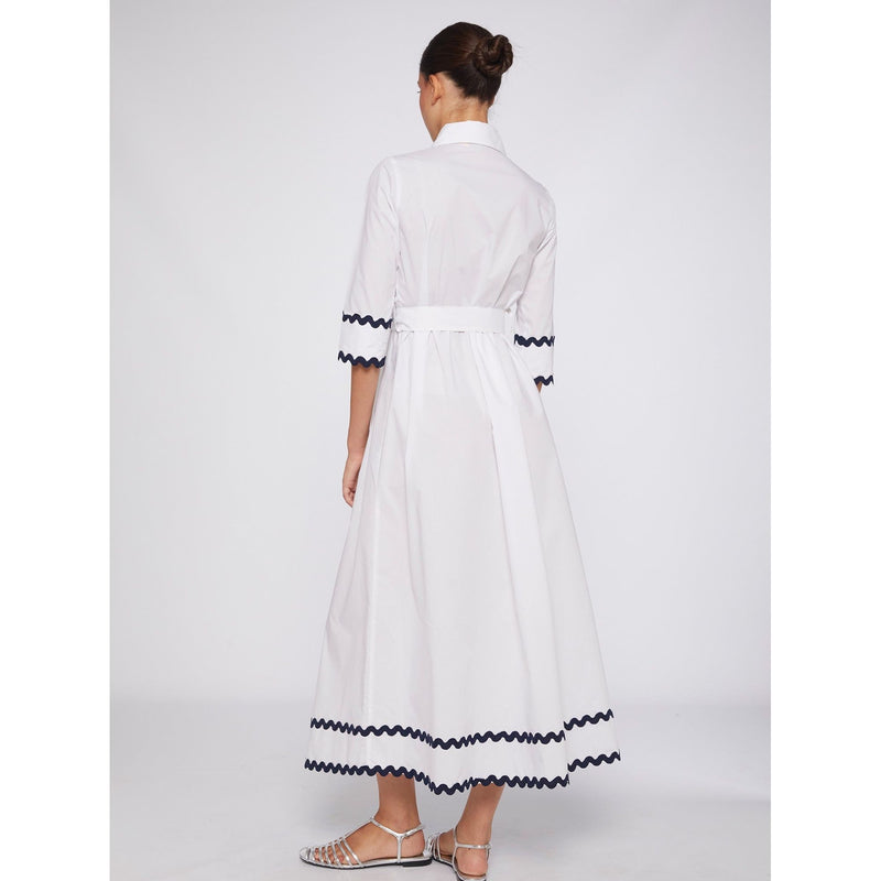 Poplin Cotton Shirt Dress with Trims White/Navy