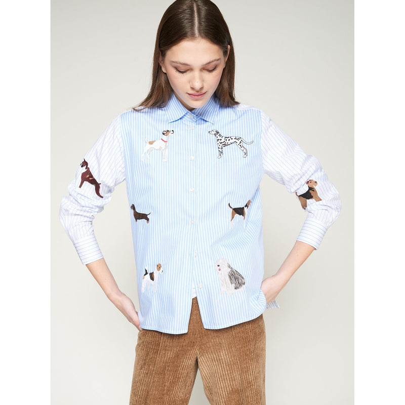 Raya Azul Dog Motif Stripe Shirt Blue