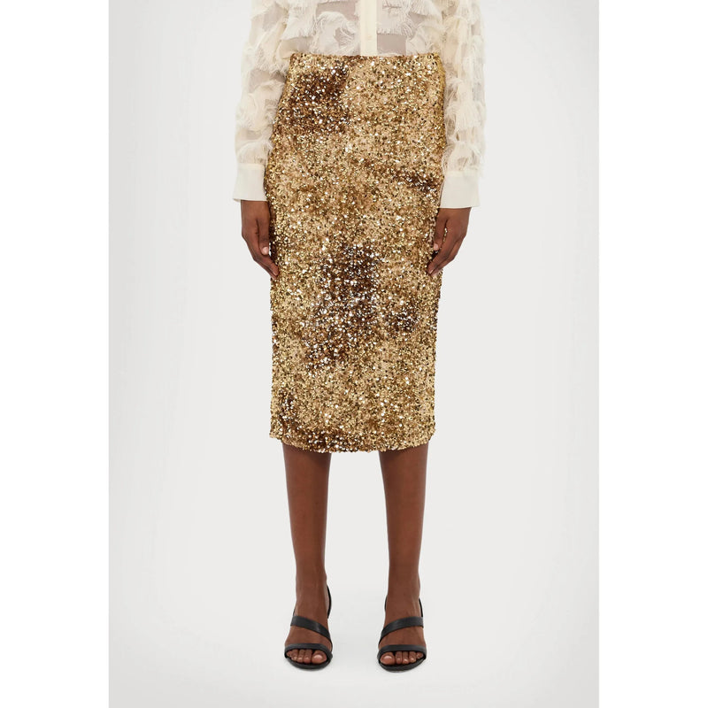 NICHOLS2 Sequin Jersey Midi Skirt Hazlenut Brown