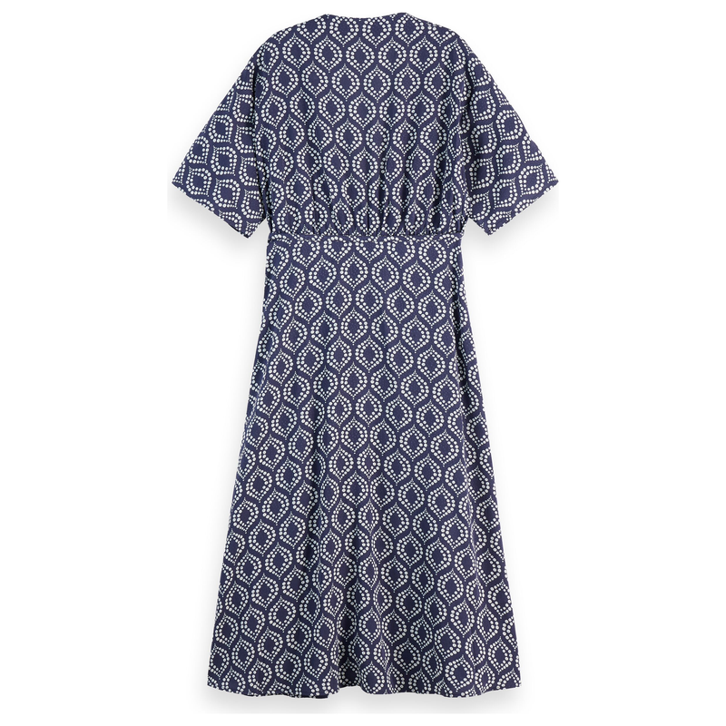 Midi Wrap Dress in Viscose Jacquard Navy/Cream