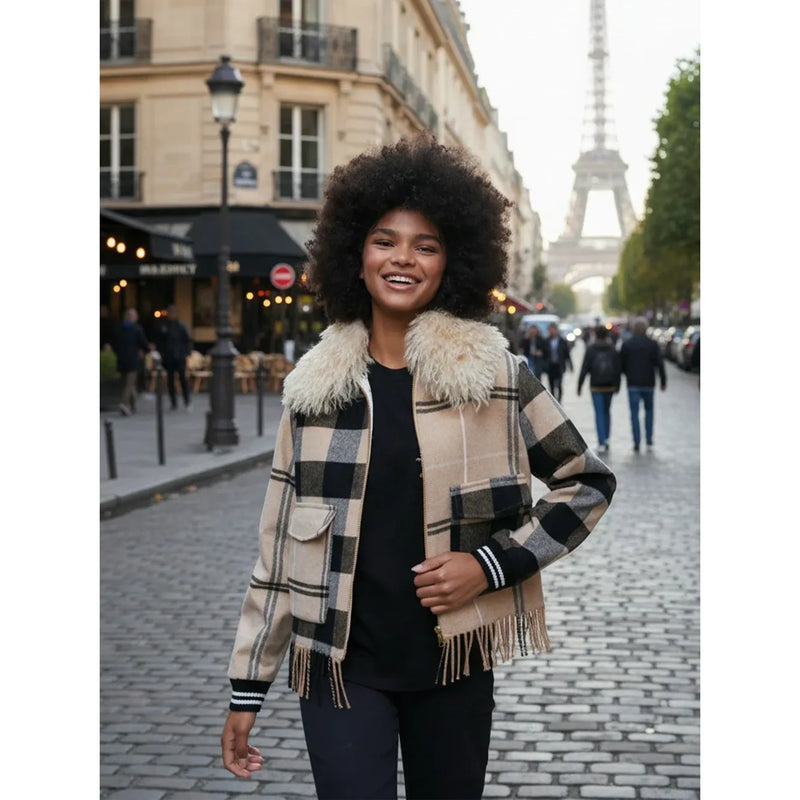 Check Fringe and Faux Fur Bomber Jacket