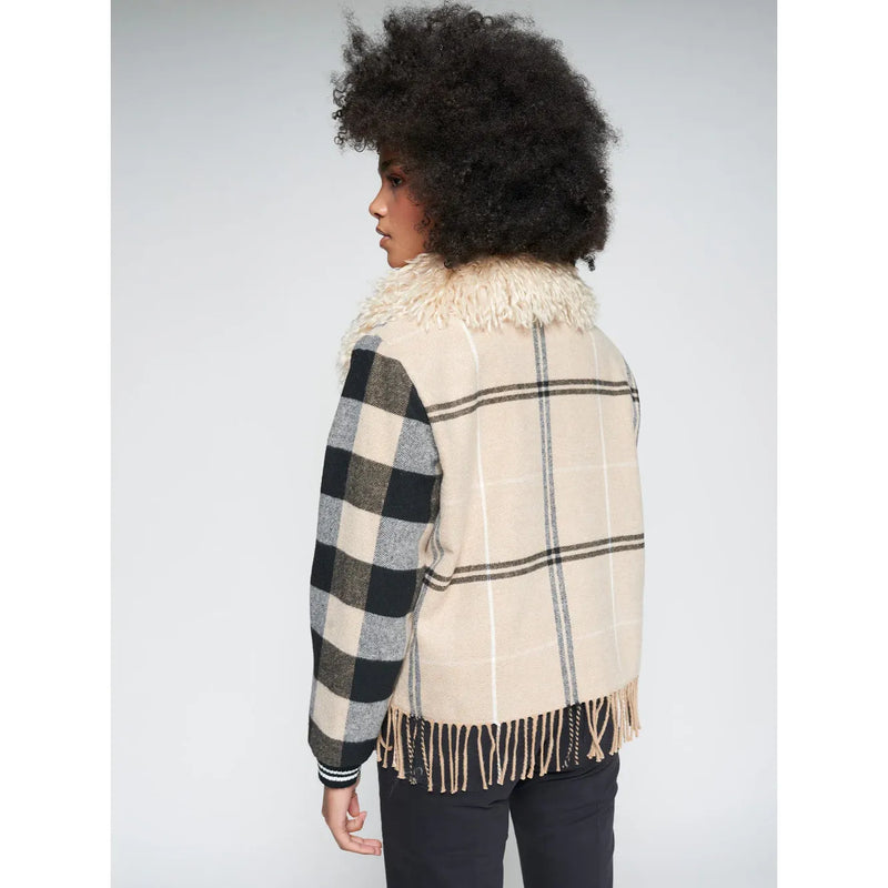 Check Fringe and Faux Fur Bomber Jacket