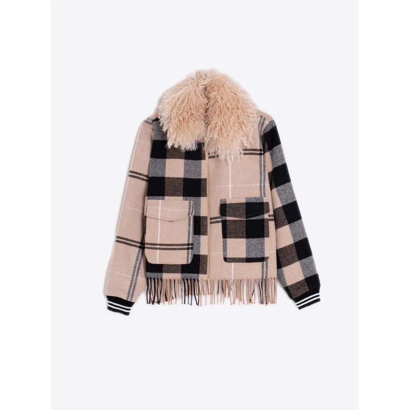Check Fringe and Faux Fur Bomber Jacket