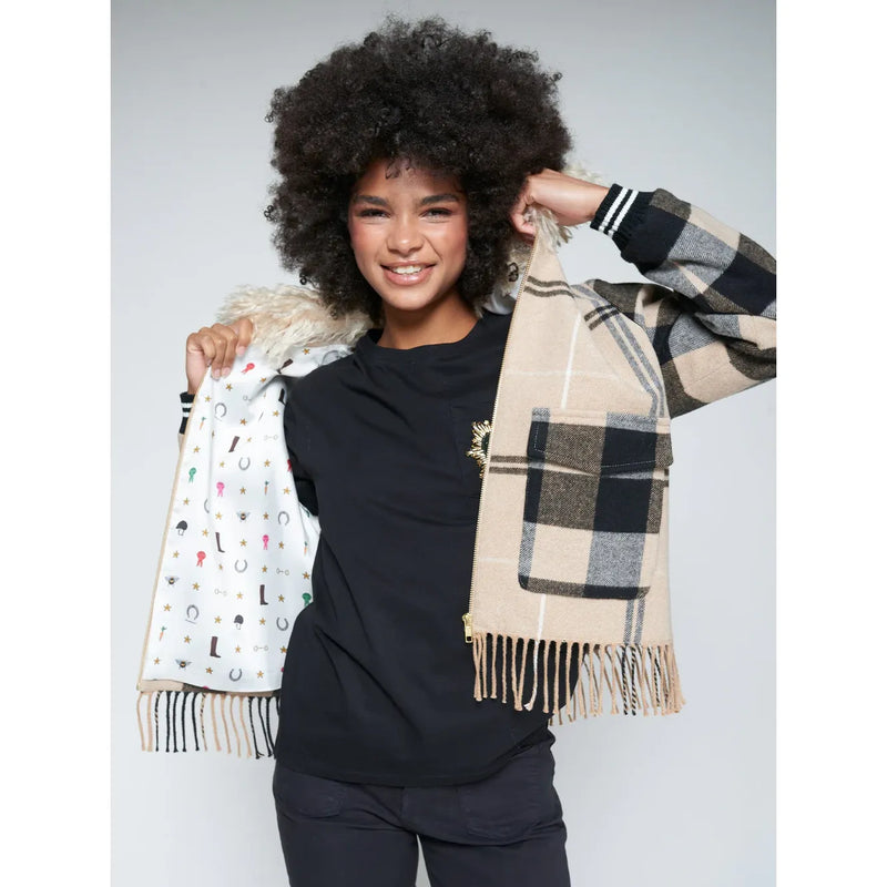 Check Fringe and Faux Fur Bomber Jacket