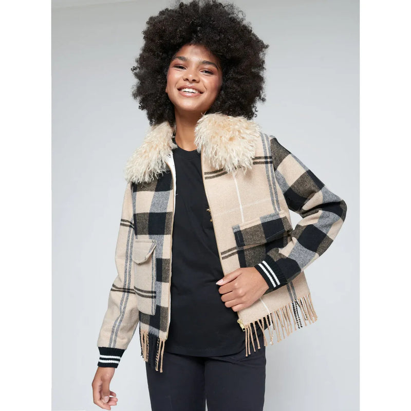 Check Fringe and Faux Fur Bomber Jacket