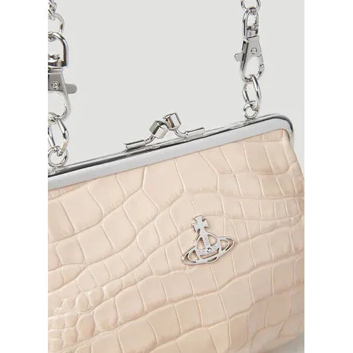 Croc Leather Granny Frame Purse Cream