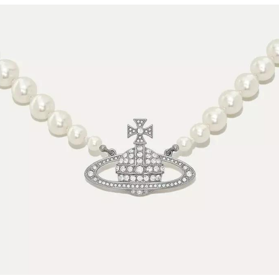 One Row Pearl Bas Relief Choker Platinum/Pearl/Crystal